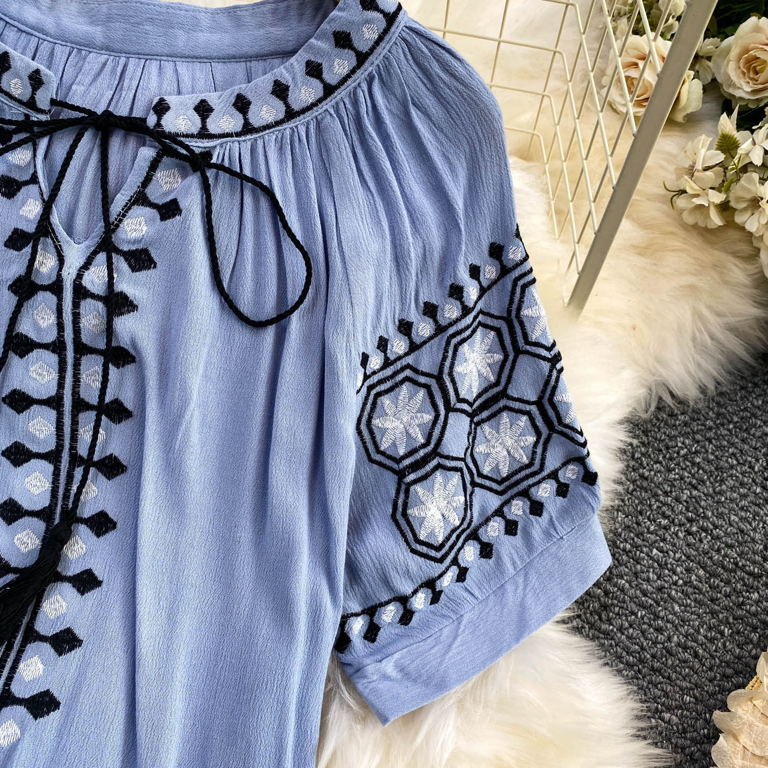 Women's Bohemian Style Sweet Embroidered Tie Neck Round Neck Mid Sleeve T-Shirt Summer Loose Fit Slimming Ethnic Retro Top_ecoleips.com
