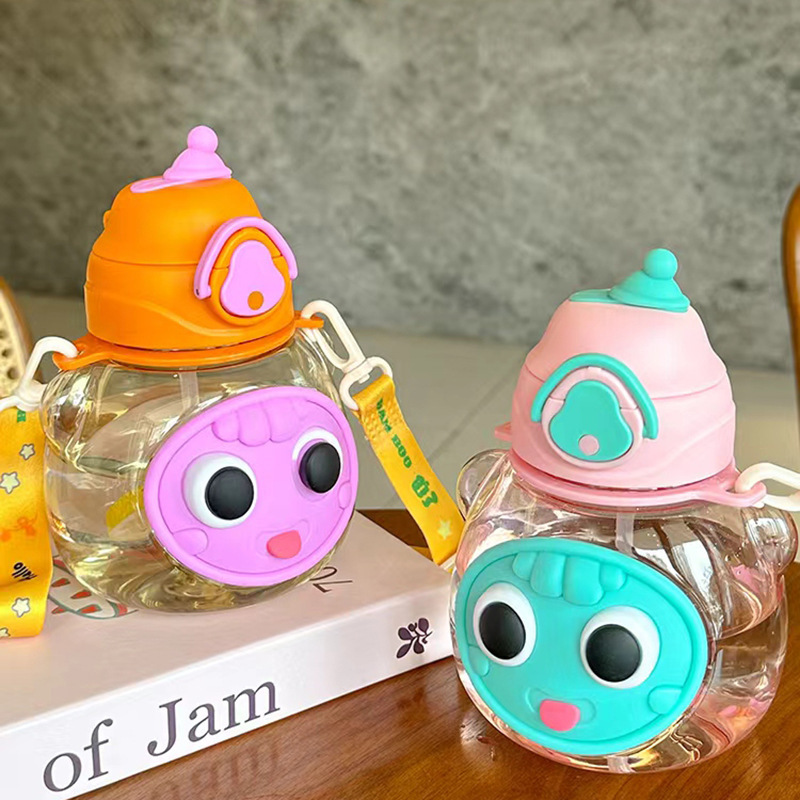 Botella de agua infantil con pajilla, diseño ojos grandes, plástico deportivo image 3