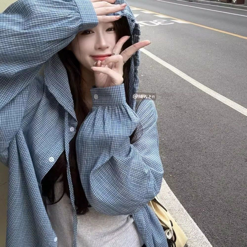 跨境韩系蓝色格子连帽防晒衬衫女秋季薄款宽松休闲慵懒风减龄上衣|undefined