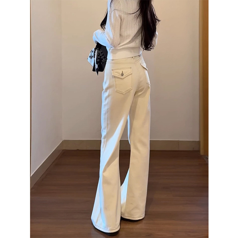 Beige narrow straight-leg jeans for women, 2026 summer new style, plus size, not tight-fitting, slightly flared, floor-length pants Beige narrow straight-leg jeans for women, 2026 summer new style, plus size, not tight-fitting, slightly flared, floor-length pants