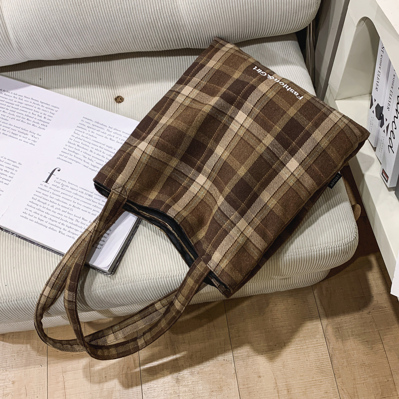Winter New Plaid Bag For Women Korean Lazy Style Large Capacity Student School Commuter Shoulder Bag Tote Bag - Thumbnail 4