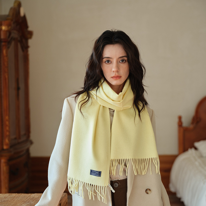 Fine Imitation 100 Wool Labeling Scarf Women's Korean-style Solid Color High-end All-match Soft Basic Narrow Scarf for Couple