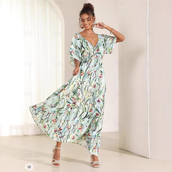 2024 neues mittellanges Kleid mit Blumendruck und V-Ausschnitt, kurzen Ärmeln für Damen_voghion.com