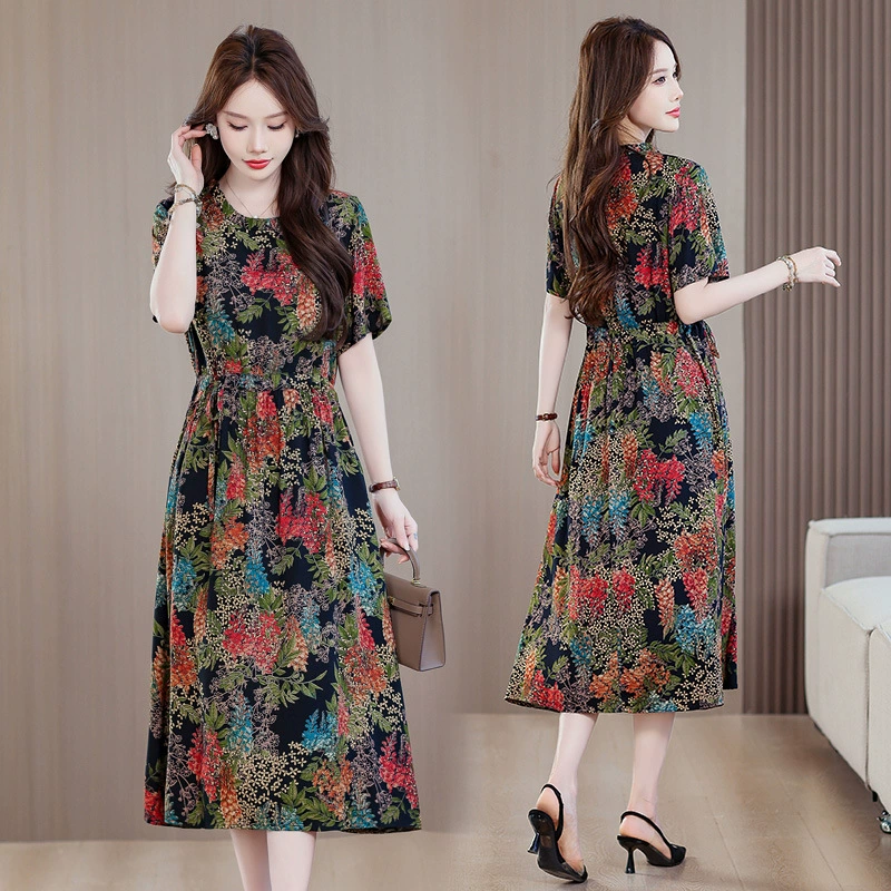 Мама одевает хлопковое шелковое платье женское лето большой размер темперамент