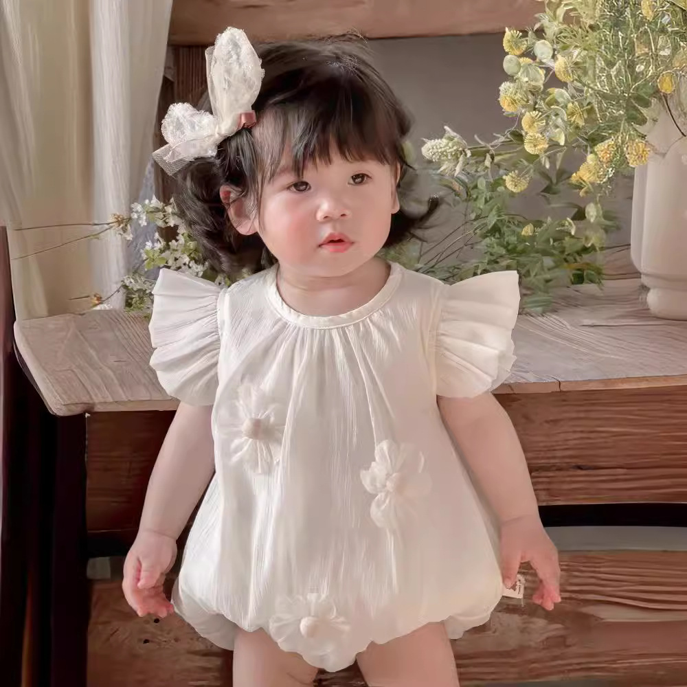 Corea ins bebé bebé niña ropa para niños encaje mangas voladoras verano sección delgada gasa dulce flor sección delgada mamelucos