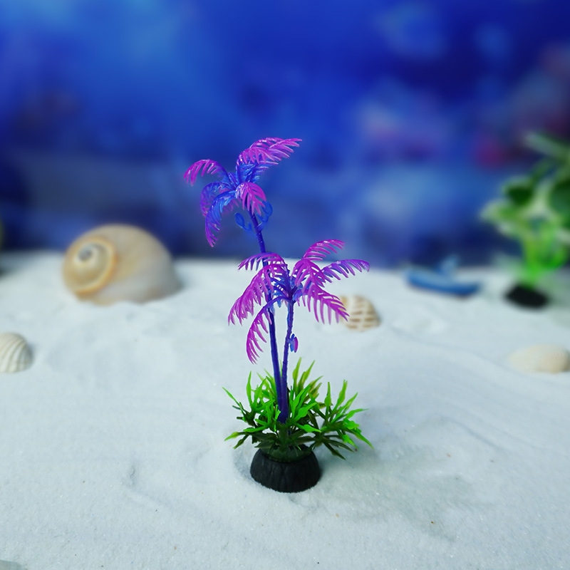 Venta directa de fábrica, decoración de pecera pequeña, decoración de árbol de coco de simulación, acuario, tanque de tortuga, paquete de hierba de agua falsa de plástico suave