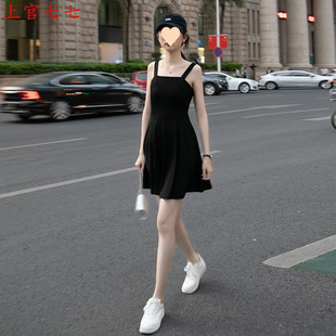 Hepburn-Style Spaghetti Strap Dress for Women, Elegant Hong Kong Style Short Dress, Waist-Cinching, Slimming, Tummy-Concealing, Little Black Dress