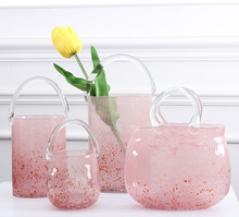 创意轻奢樱粉色手提包花篮包包花瓶玻璃插花花器客厅餐桌装饰摆件