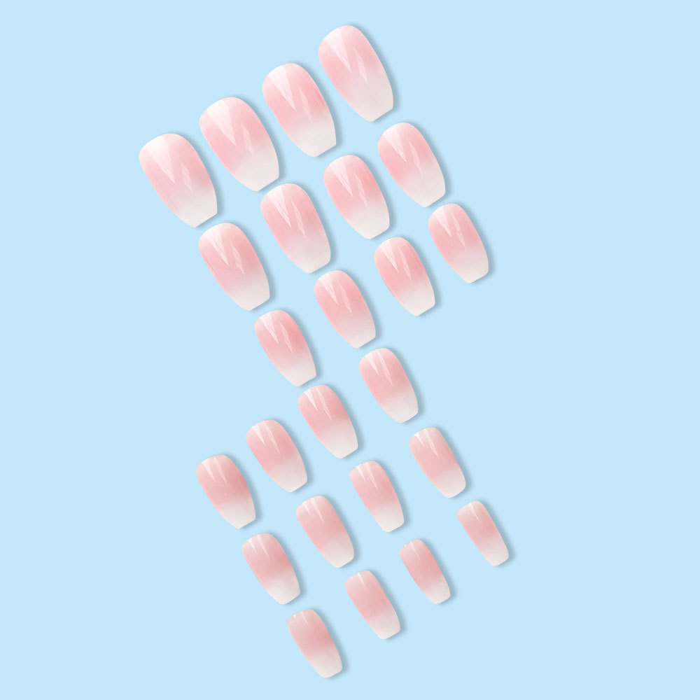 Uñas postizas europeas y americanas más vendidas, pegatinas de uñas estilo niña, suaves y dulces, puntas de uñas con diseño de cuadros blancos degradados transparentes como el hielo. image 4