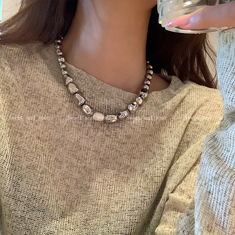 天然淡水異形真珠ネックレス女性高級デザイン感小衆不規則冷淡風鎖骨鎖衛衣鎖|undefined