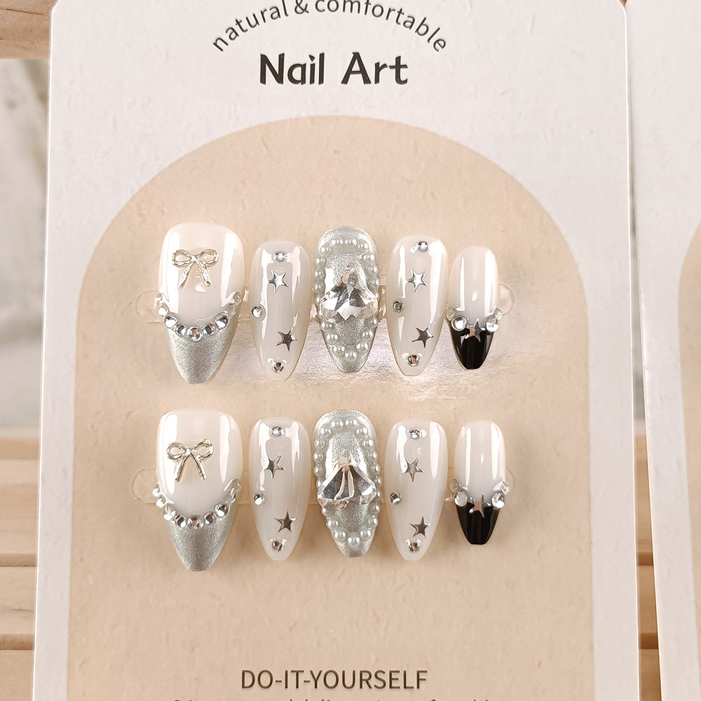 10 piezas de manicure manual puro, amor, diamantes, uñas de arco, parches de uñas de estrellas