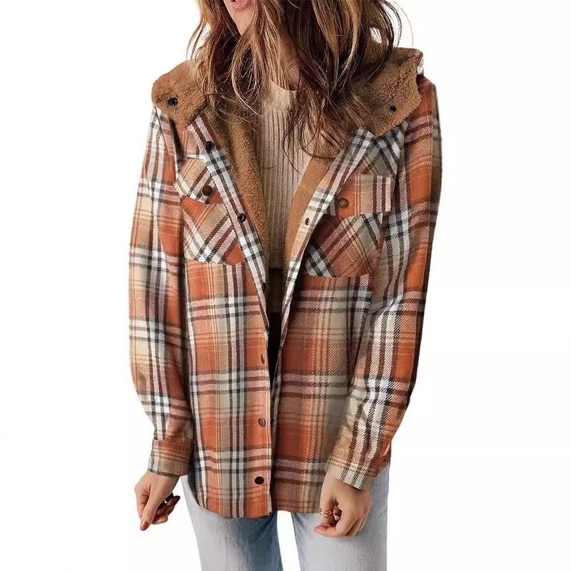 European and American New Women's Long Sleeve Jacket Plaid Woolen Hooded Jacket Lamb Plush Thickened fleece-lined Casual Jacket
