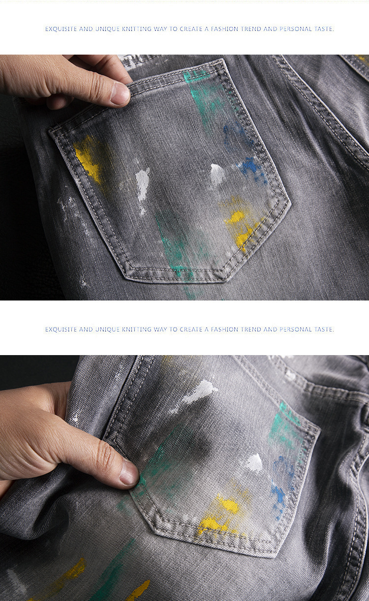 Men’s Slim Fit Ripped Patchwork Jeans With Graffiti Print Retro_voghion.com