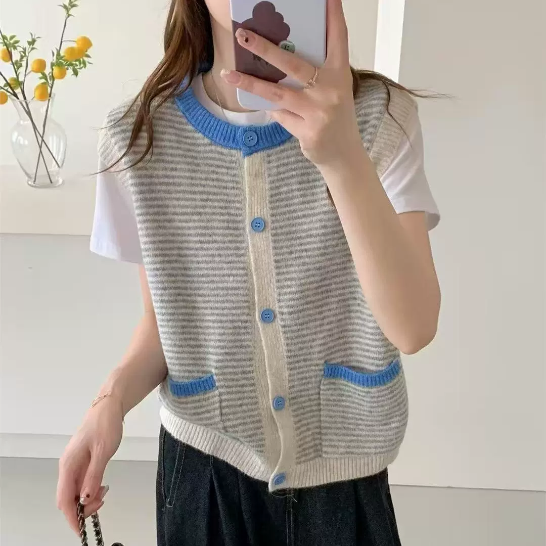 春秋圆领针织衫马甲女2025新款韩系慵懒风针织无袖坎肩百搭背心