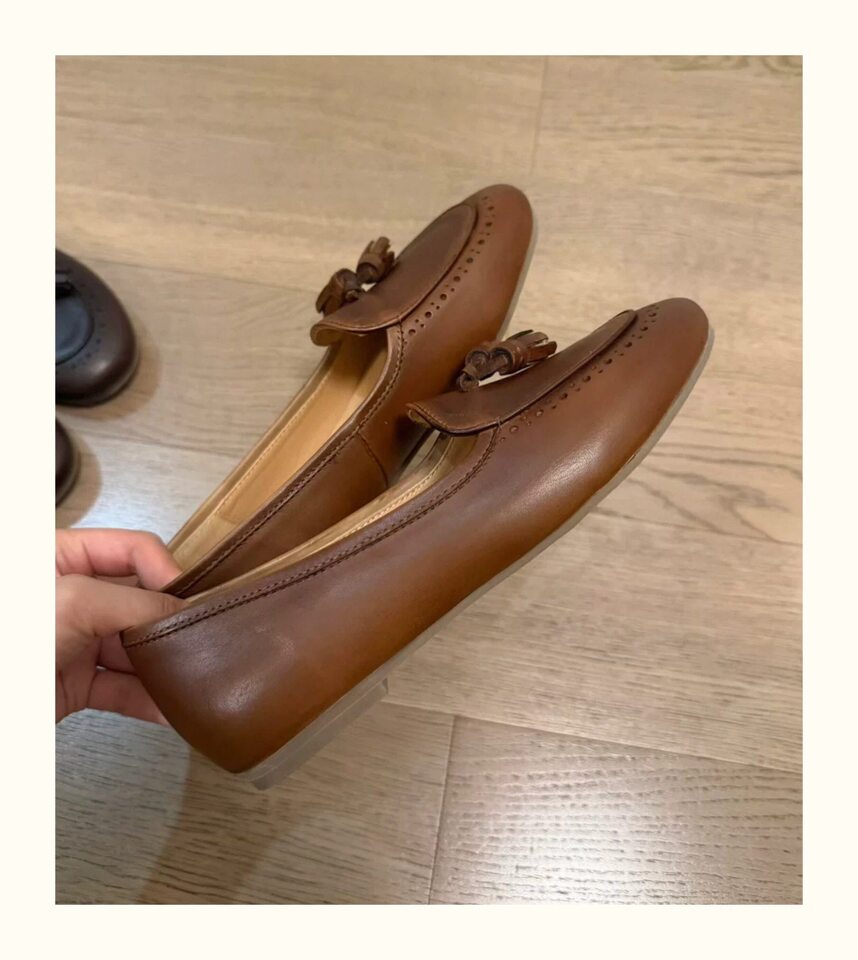 Giày lười nữ da bò mũi tròn tua rua cổ thấp đế bệt — Màu nâu, Màu nâu cà phê, màu đen chi tiết 19