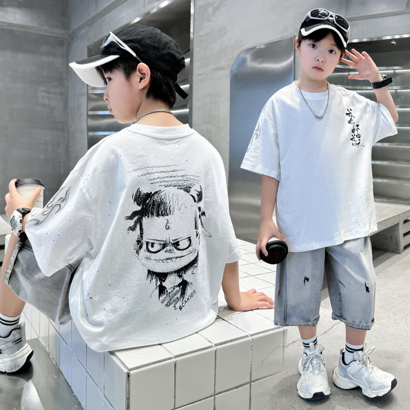 7252 Traje de manga corta para niños Camiseta de moda nacional de verano para niños Cool y guapo, estilo occidental, ropa para niños 2025 nuevo estilo delgado