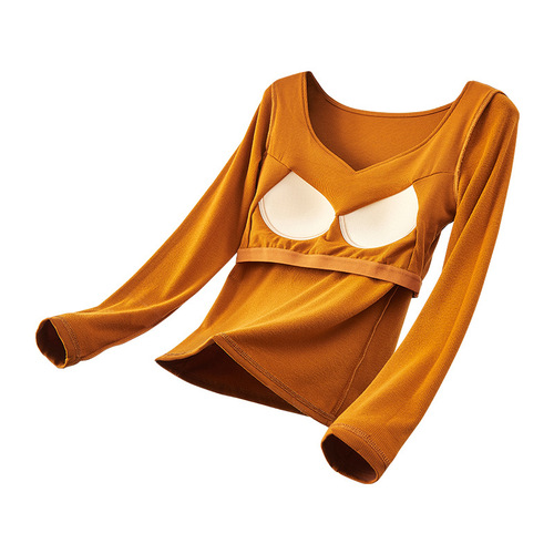 Warm autumn and winter cup all-in-one underwear with chest pad, thickened German velvet, heated acrylic, brushed long-sleeved women's autumn top