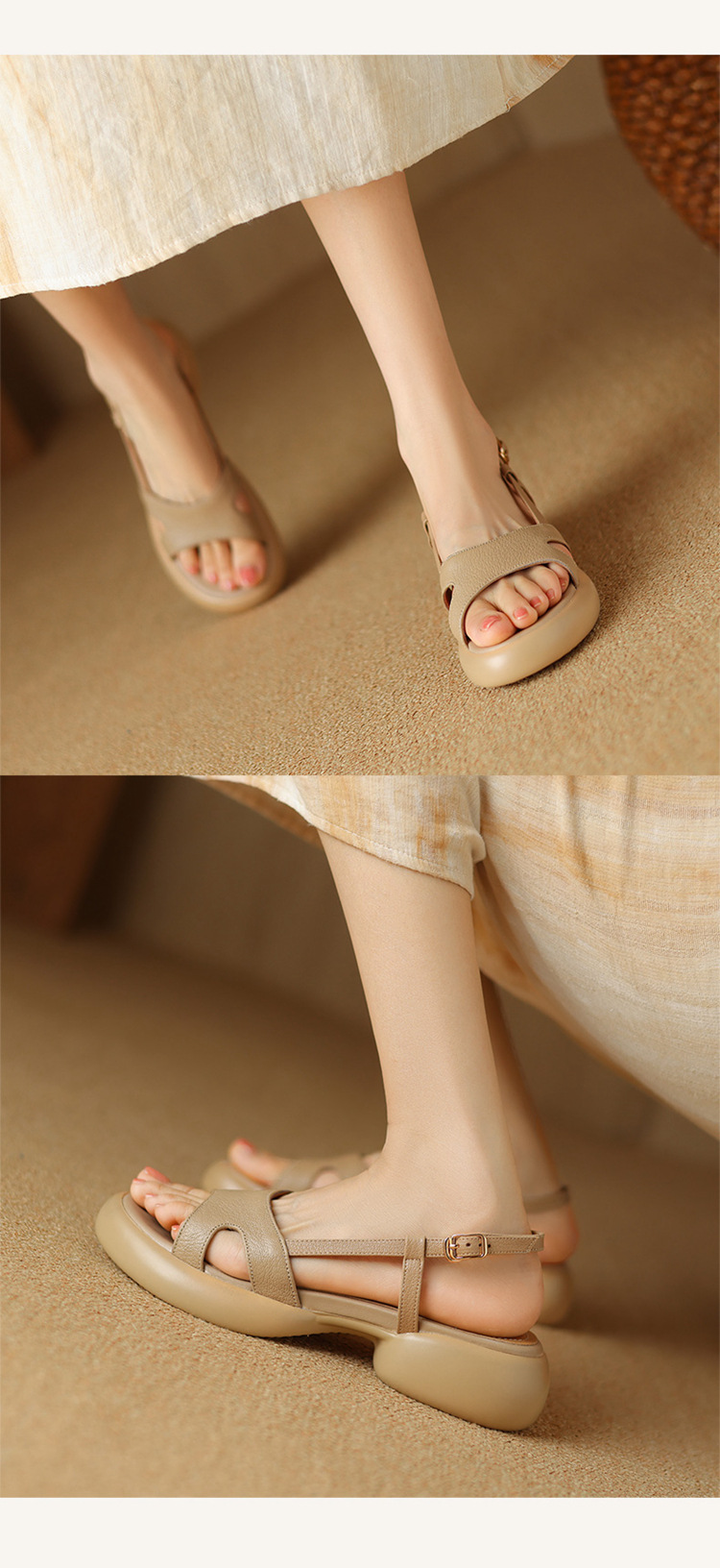 Sandal nữ da cừu hở ngón gót thô quai ngang đế dày phong cách La Mã — Màu trắng be chi tiết 9