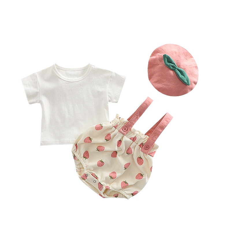 Estilo coreano ins chica bebé fresa impreso Correa romper + sombrero algodón suave mono con sombrero