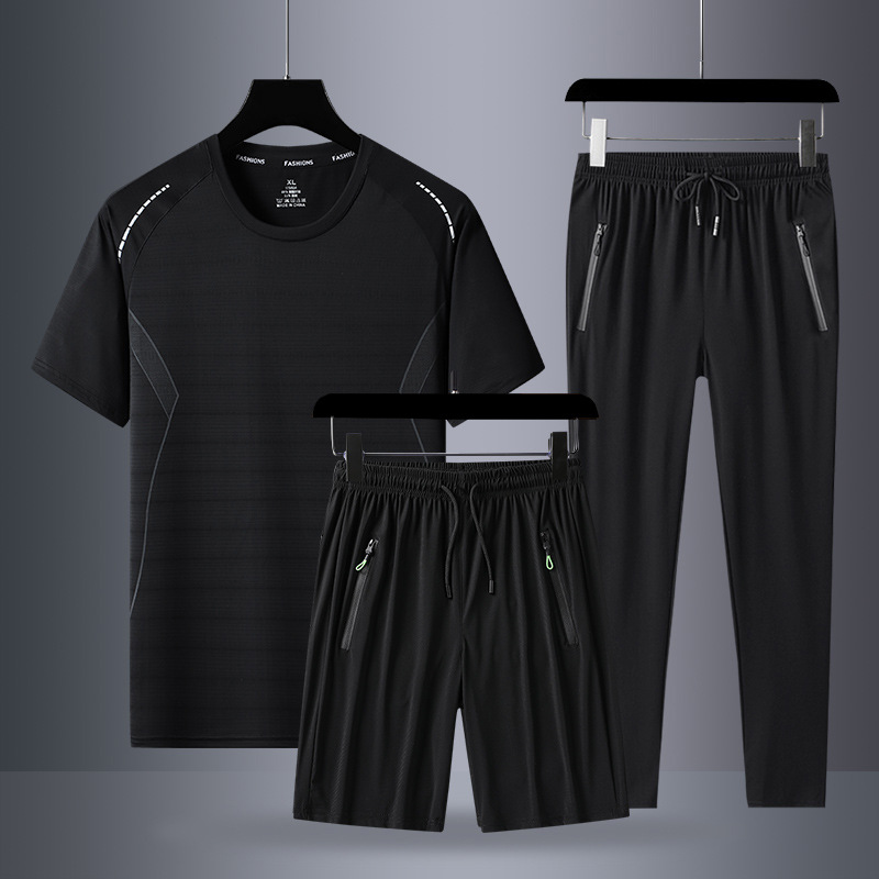 Trajes deportivos de manga corta transfronterizos para hombres de verano, camisetas de media manga de hielo, pantalones cortos casuales de tres piezas para correr.
