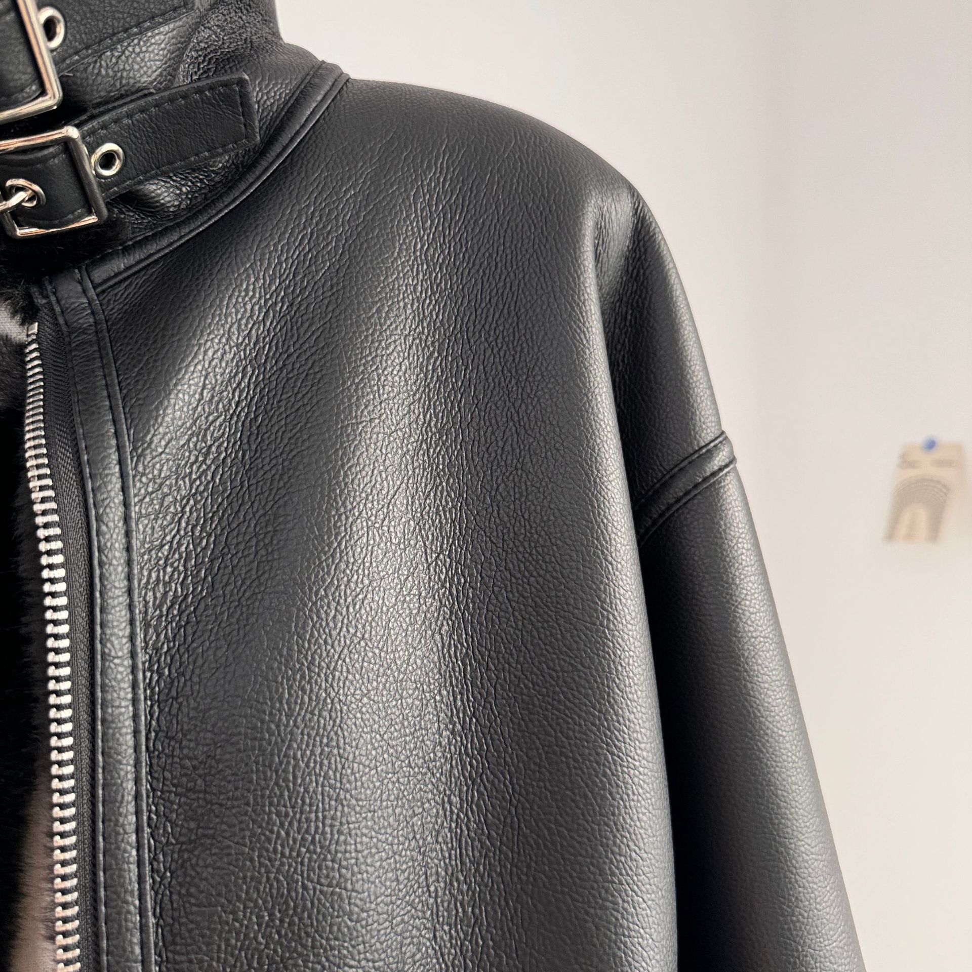 Women's Clothing retro motorcycle style belt decoration stand collar fur lamb wool thick warm coat women's jacket_voghion.com