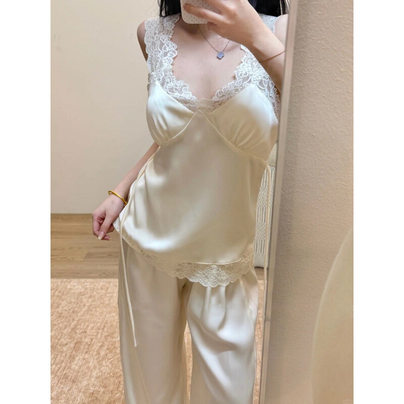 Korean Style Women's Light Luxury Lace-Trimmed Ice Silk Pajamas, Spring and Autumn Style, High-End and Elegant Silk Loungewear Set