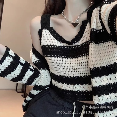 Women's Fashionable Striped Camisole Sweater Set with Lace and Contrast Color Knit Cardigan - Two Piece Outfit