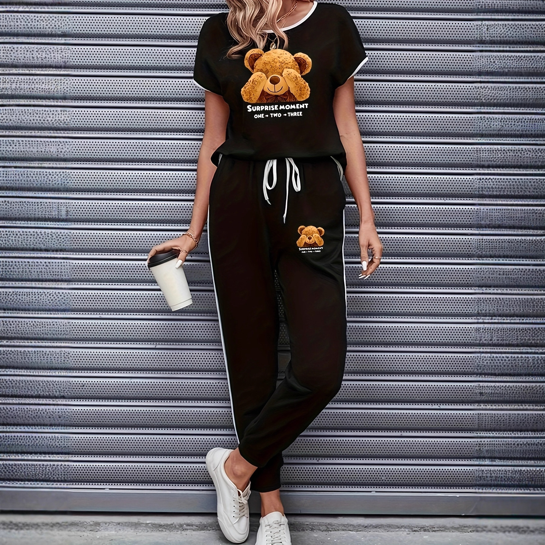 Damenbekleidung Color Block Trim Casual Anzug im amerikanischen Stil, schlichte, lockere Passform, Kurzarm, Frühling, Sommer, Herbst, Neu_voghion.com