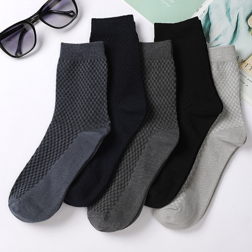 Autumn and winter new bamboo fiber cotton socks mid-calf men's socks double needle dark flower small square enlarged business foreign trade socks wholesale