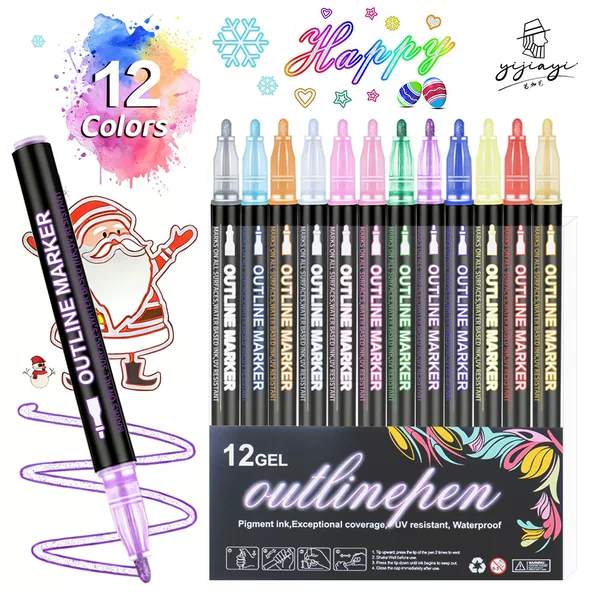 Cross-Border Dreamy Dual-Line Outline Pen 24/36/48 Color Set Fluorescent Pen Metallic Marker Pen Glitter Marker Pen