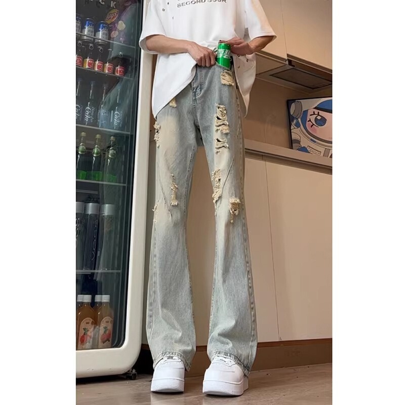 American Retro Ripped Jeans for Men, Summer Thin Style, Vibe Style, High-Waisted, Trendy Brand, Slightly Flared Long Pants
