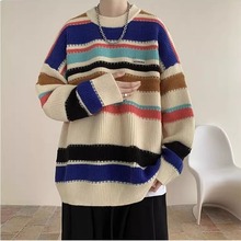 圆领条纹毛衣男秋季新款潮牌美式hiphop设计感慵懒风上衣针织衫