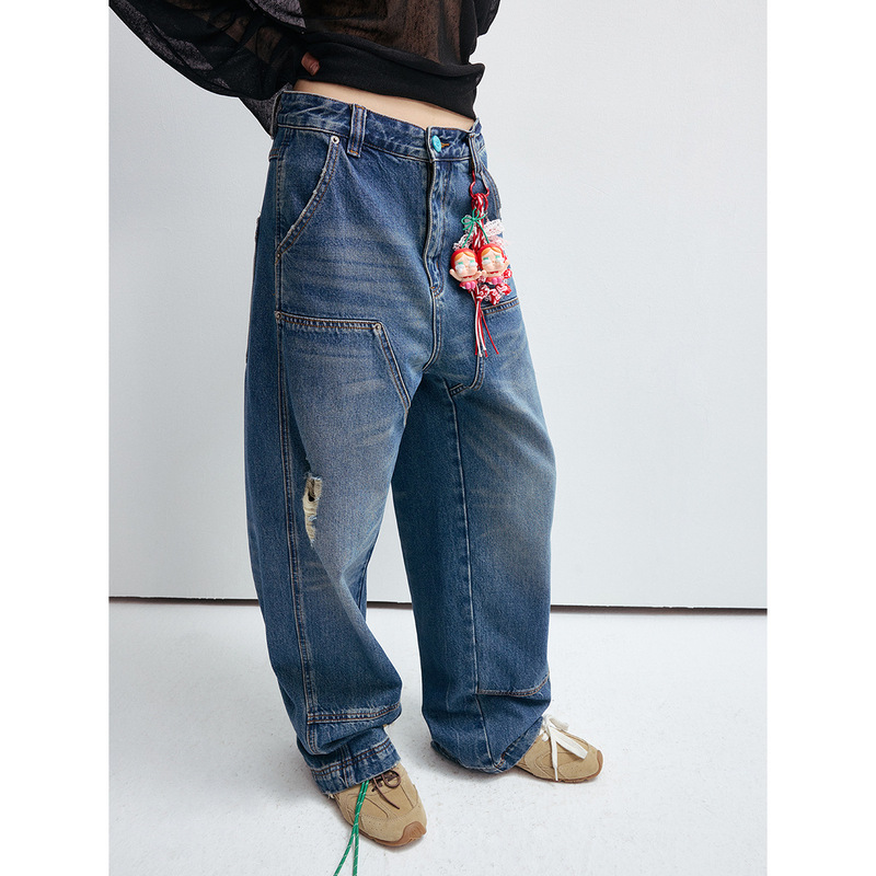 [Shixing] New Blue Turquoise Button Logging Loose Pants Tencel Ripped Mid-Low Waist Jeans V8276