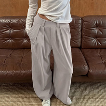 2026春季简约通勤麂皮绒阔腿裤女百搭宽松灰色高腰休闲西装裤女装