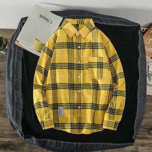 Men's Autumn Grid Shirt, Spring and Autumn Season Casual Thin Jacket, Long-Sleeve Collar Shirt, Student Trendy Short Shirt, Autumn Clothing