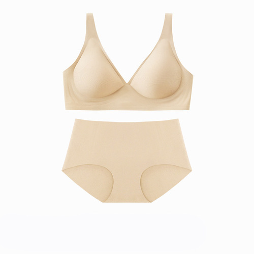 French nude seamless underwear for women without steel rims deep V thin comfortable small breast push-up adjustable bra set