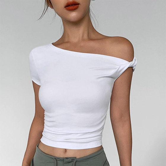 Q24TP234 European and American Fashion Simple Commuting Solid Color Oblique Collar Short Top Women's 2024 Summer All-match New Style