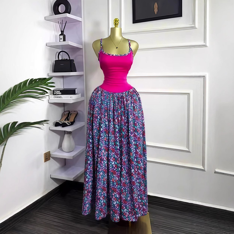 European and American Cross-border Women's 2025 Summer New Sleeveless Printed Sexy Sling Tight Pleated Long dress