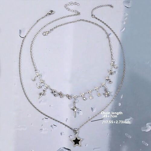 New five-pointed star shimmer fringe necklace set of 2, double-layer stackable windproof minimalist Insta luxury temperament necklace