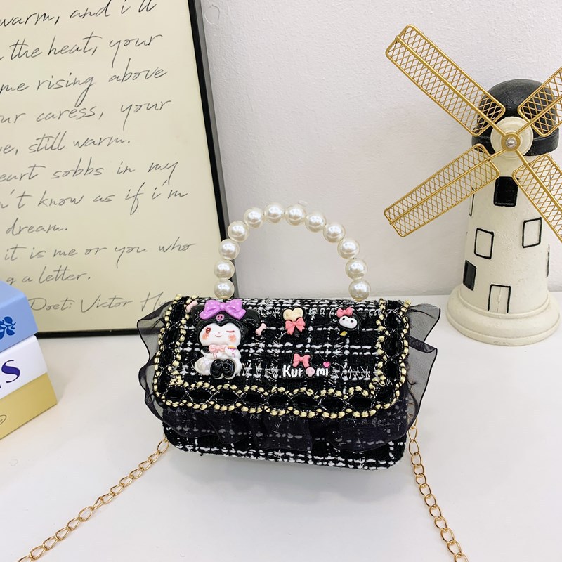 Nueva cadena bolso de mochila para niños negro y blanco tweed pequeño viento fragante bolso de hombro de niñas lindos bolsos de perlas