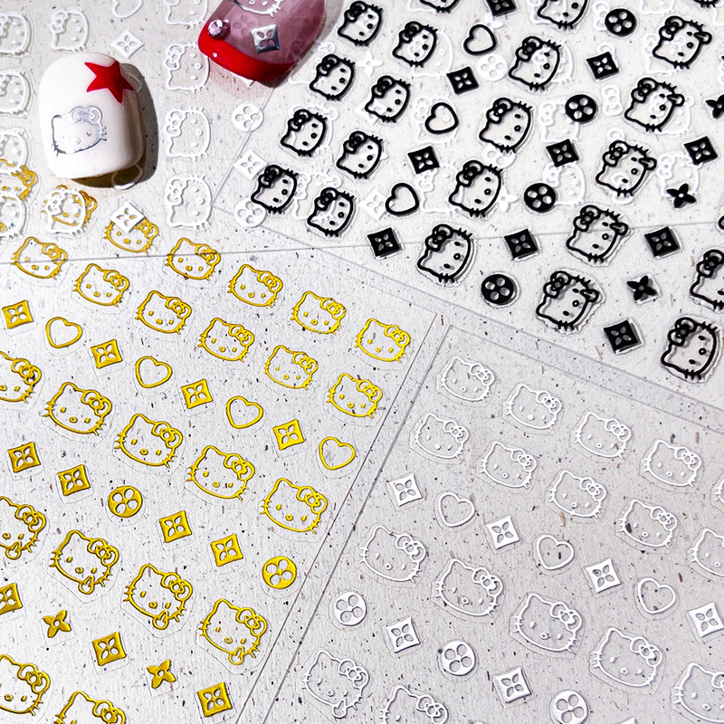 Cartoon Kt Cat Nail Art Stickers Xiaohongshu Popular Simple High-End Gold and Silver Big Head Kt Cat Heart Nail Stickers