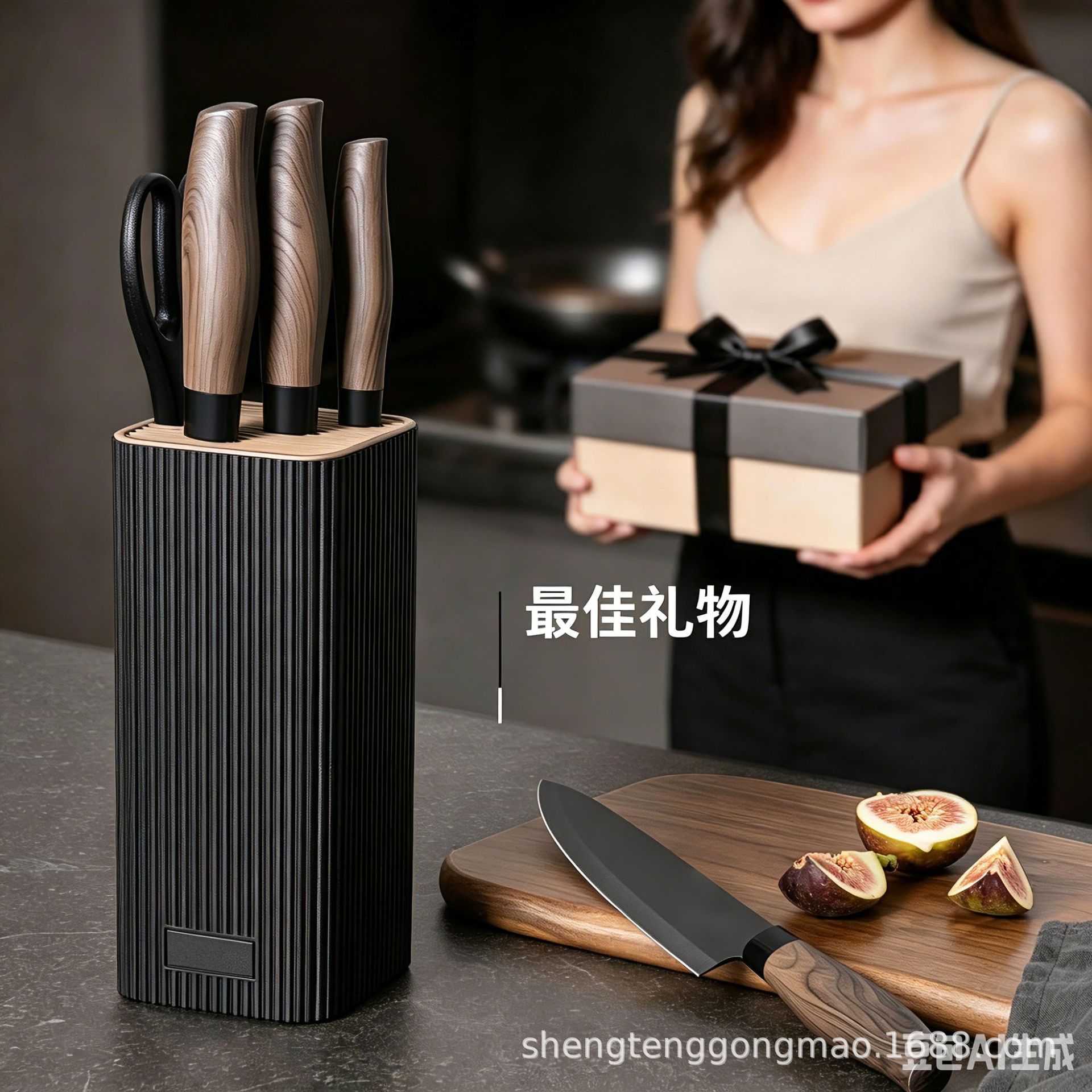 Cross-Border Knife Set, Kitchen Stainless Steel Knife Set, Household Non-Stick Knife, Light Luxury Wood Grain Handle Knife Holder, Six-Piece Set