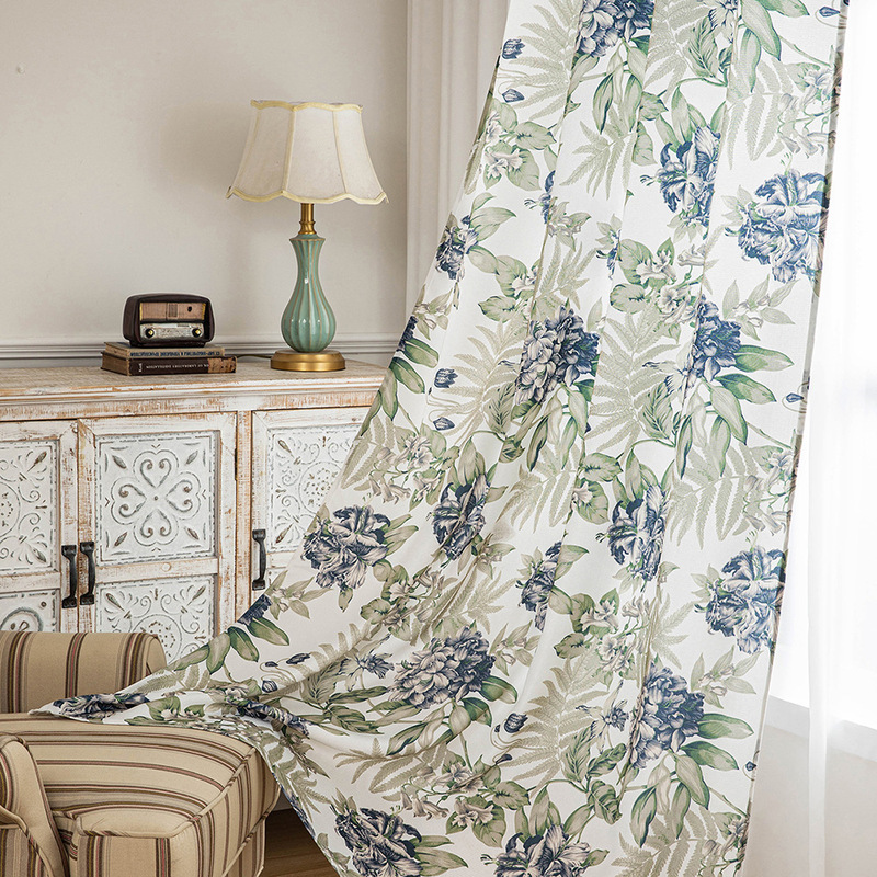 Curtain American-style light luxury pastoral living room bedroom shading lily leaves fresh curtain printed door curtain floating curtain