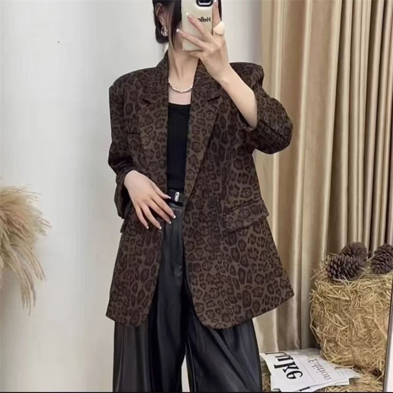 Hong Kong Style Retro Leopard Print Blazer for Women 2026 Spring New Fashion Versatile Design Korean Style Suit Jacket