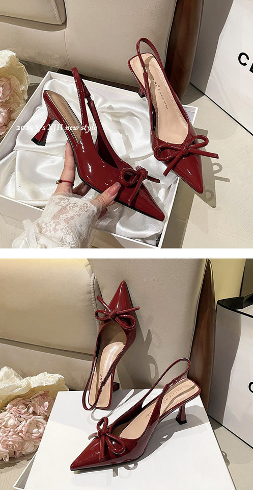 Giày cao gót nữ mũi nhọn gót mảnh quai ngang thắt nơ, sandal bít mũi gót 6–8 cm — Màu trắng be, Màu đen, Màu đỏ rượu chi tiết 16