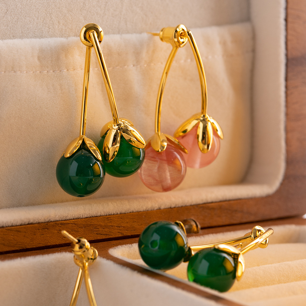 French Style Cherry Copper Inlay Gem Drop Earrings 1 Pair