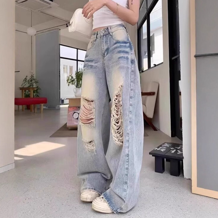 Trendy Ripped Floor-Length Jeans for Women, Summer 2025 New Style, High-Waisted Loose Fit, Fashionable Wide-Leg Straight Pants