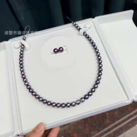 天然紫珍珠套装8-9mm正圆细微瑕项链配9-10mm正圆几乎无暇耳钉