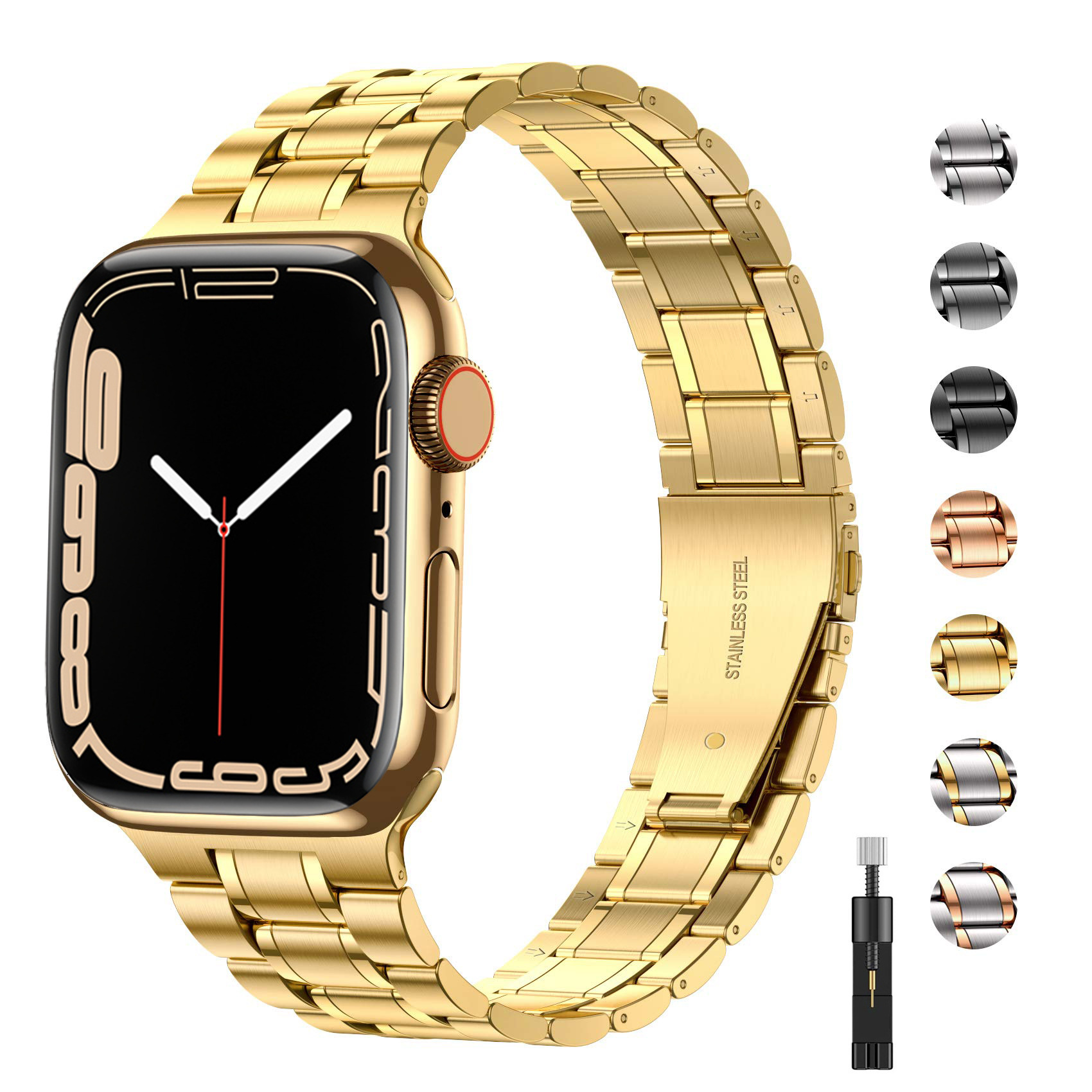 适用苹果apple watch s7不锈钢五珠表带 金属智能iwatch手表表带详情1
