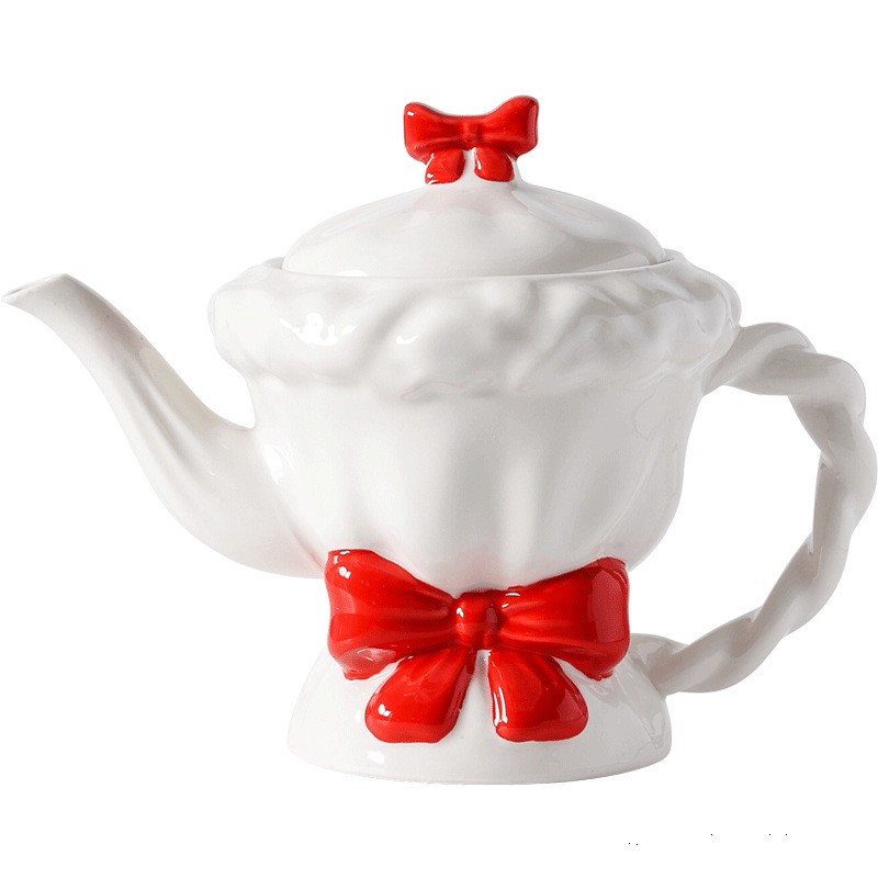 Una olla de cerámica, cuatro tazas de juego de té, caja de regalo de inauguración de la casa, lazo pintado a mano, taza de té de la tarde, regalo de boda